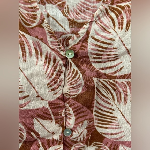 Tahari 100% Linen Popover Blouse Button Front Balloon Sleeve Leaf Floral Size S - Picture 5 of 8